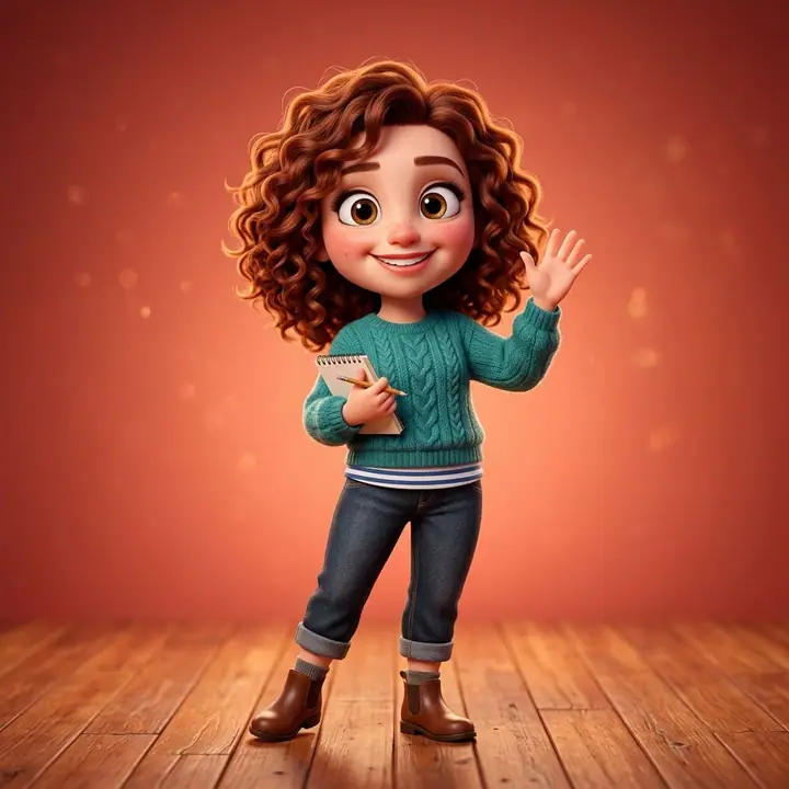 Full-body 3D caricature of a girl with long silver hair on a warm orange background