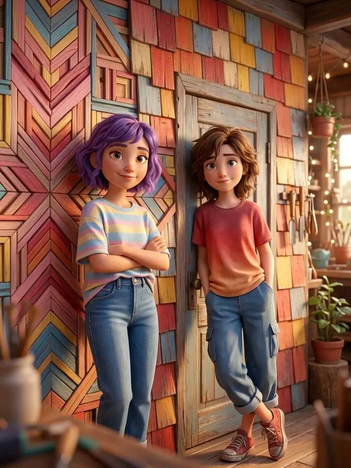3D animated girl with purple hair standing against a colorful carved-wood wall