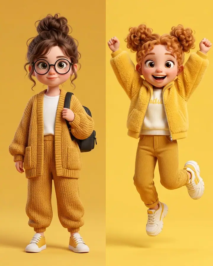3D cartoon girl in a mustard knit cardigan and round glasses on a yellow background