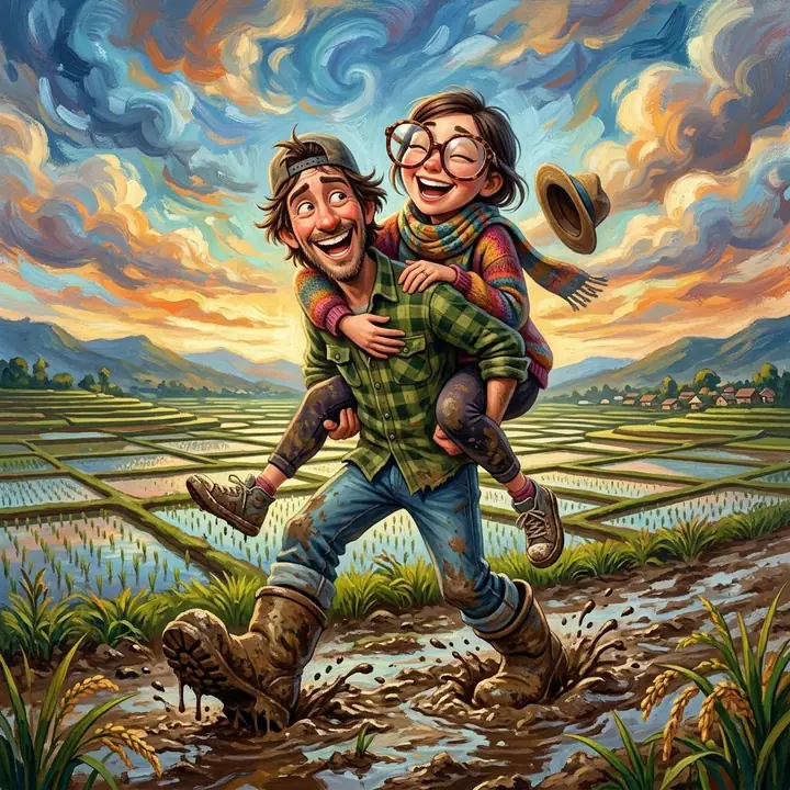 3D caricature of a man giving a woman a piggyback ride in a rice field