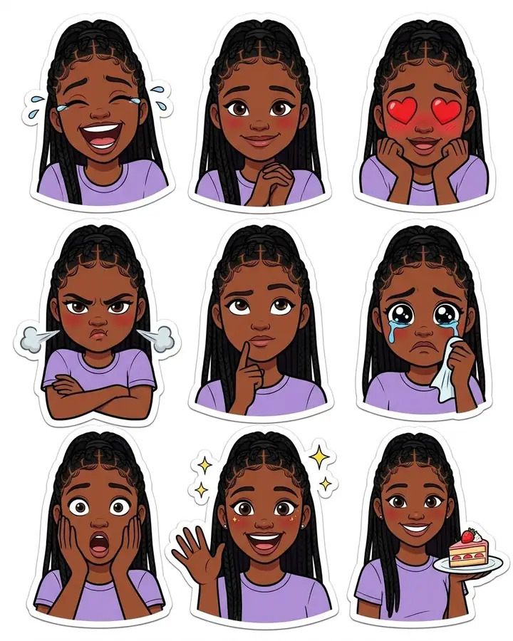 Sticker sheet of a cartoon woman showing different expressions