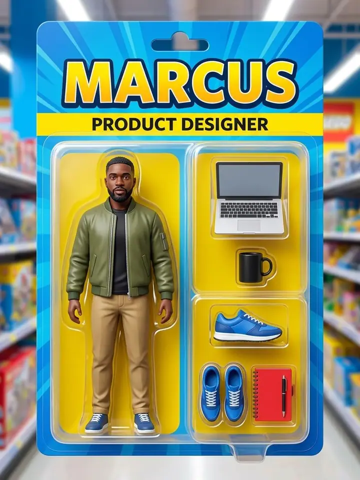 AI example of a man as an action figure in a blister pack with laptop and coffee accessories