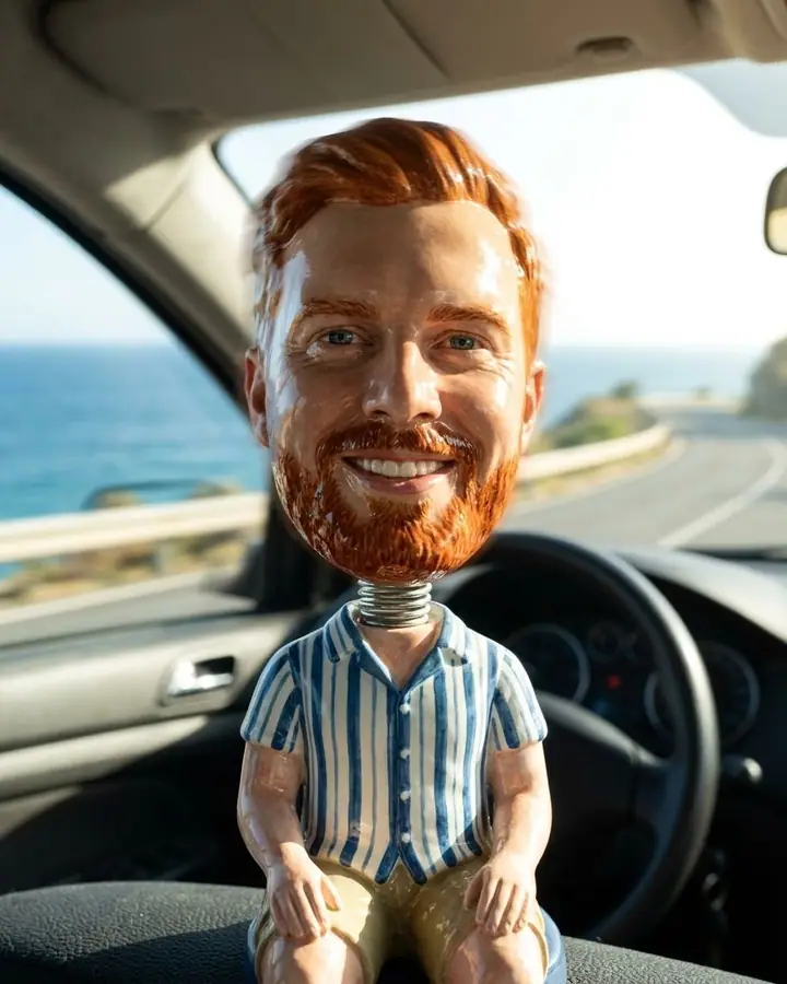 AI example of a ceramic bobblehead of a bearded man on a sunny car dashboard