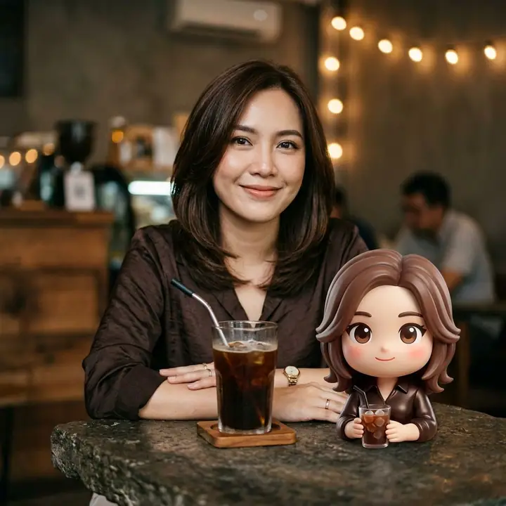 Woman at a stone table beside a glossy chibi figurine of herself holding cold brew