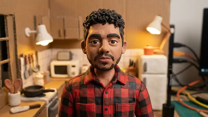 AI example of a man as a plasticine claymation character on a miniature kitchen set