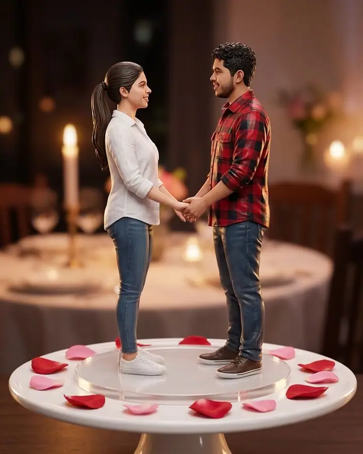 AI example of two painted figurines of a couple holding hands on a clear base