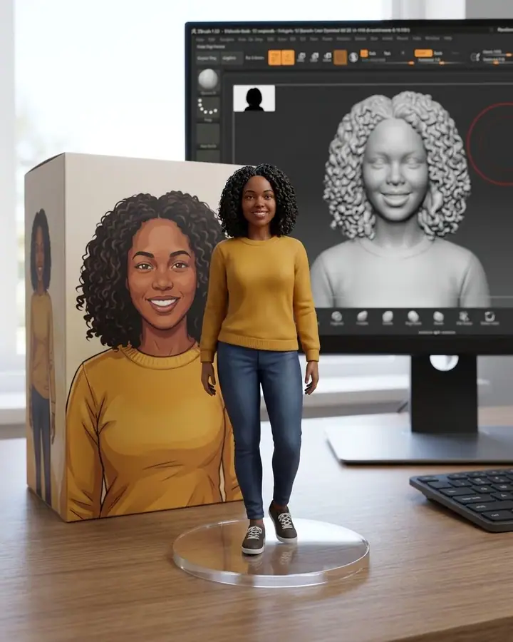 AI example of a 1/7 scale collectible figurine of a woman on a clear base, with its box and a 3D sculpt on a monitor
