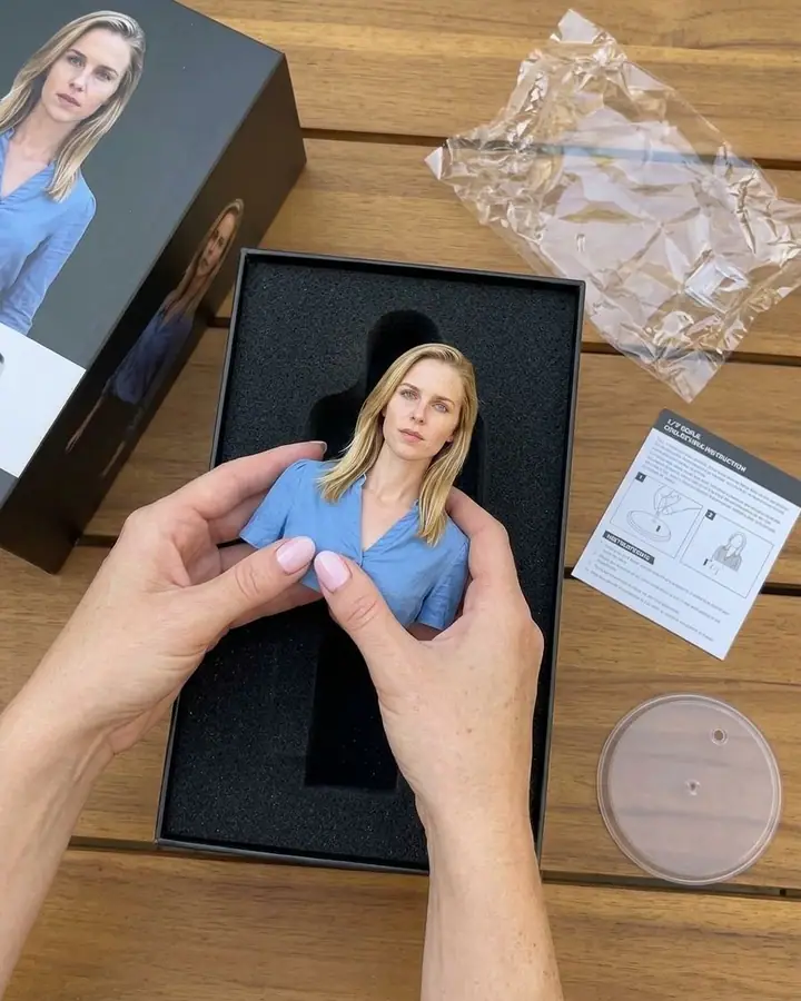 AI example of hands unboxing a collectible figure of a woman from a foam-lined box