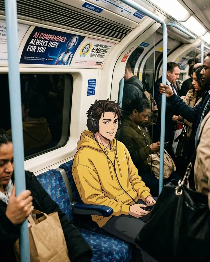 Anime man in a yellow hoodie and headphones sitting in a crowded London Underground train