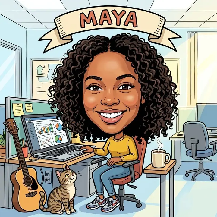 AI example of a caricature of a woman at a busy desk surrounded by her hobbies