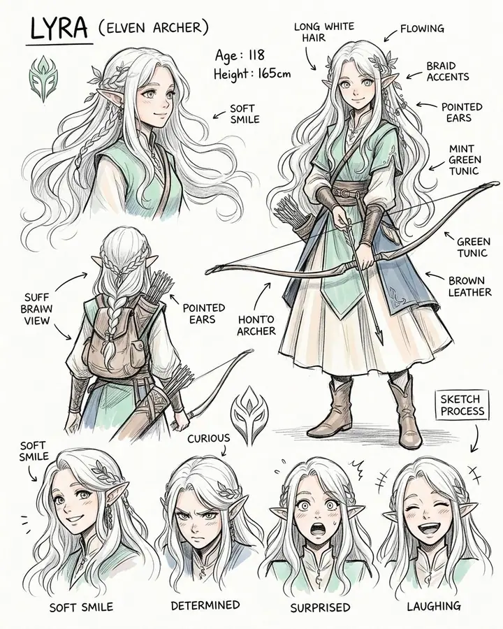 Pencil character sheet of an elf girl drawn from several angles with different expressions