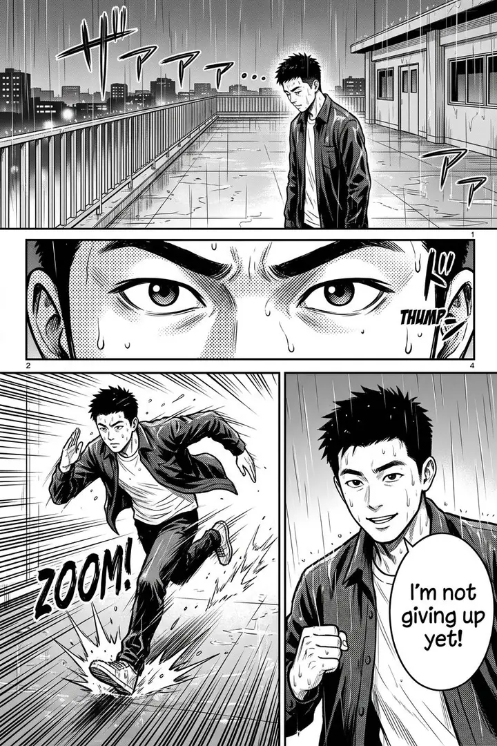 AI example of a four-panel black-and-white manga page starring a man