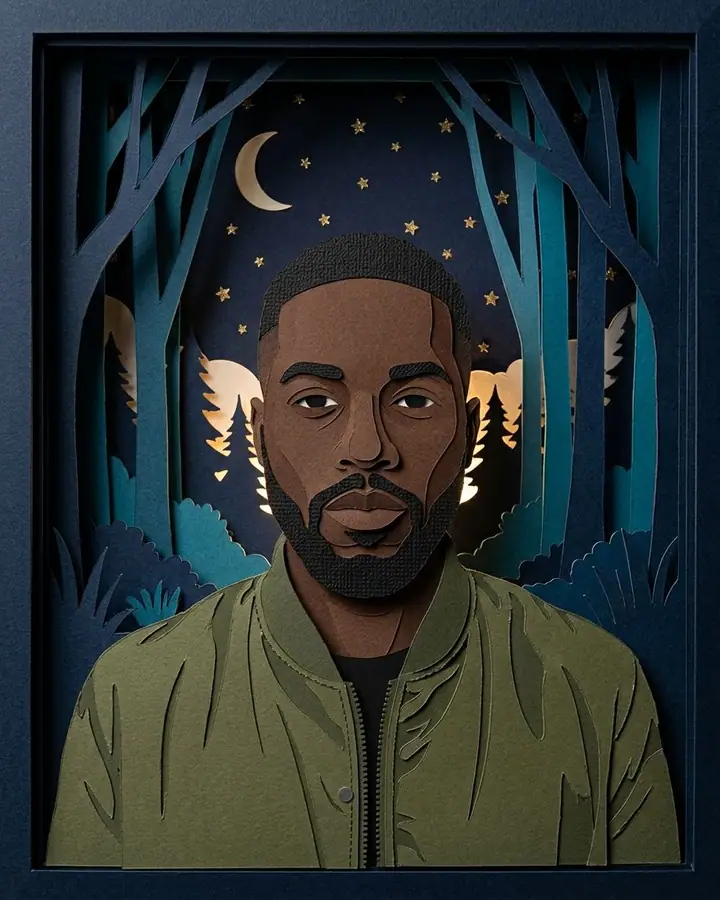 AI example of a man as a layered paper cut-out character in a paper forest diorama