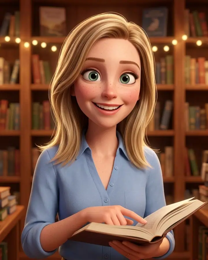 AI example of a woman reimagined as a 3D animated film character in a bookshop