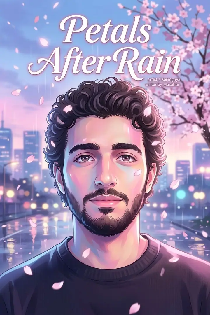 AI example of a vertical webtoon cover with a man under cherry blossoms