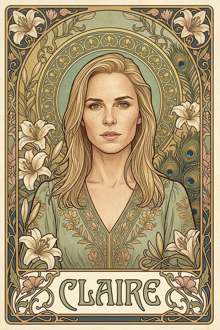AI example of an Art Nouveau poster of a woman framed by lilies and ornate borders