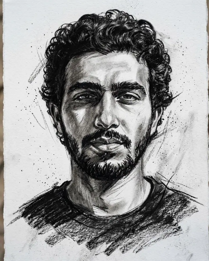 AI example of an expressive charcoal portrait of a man on rough paper