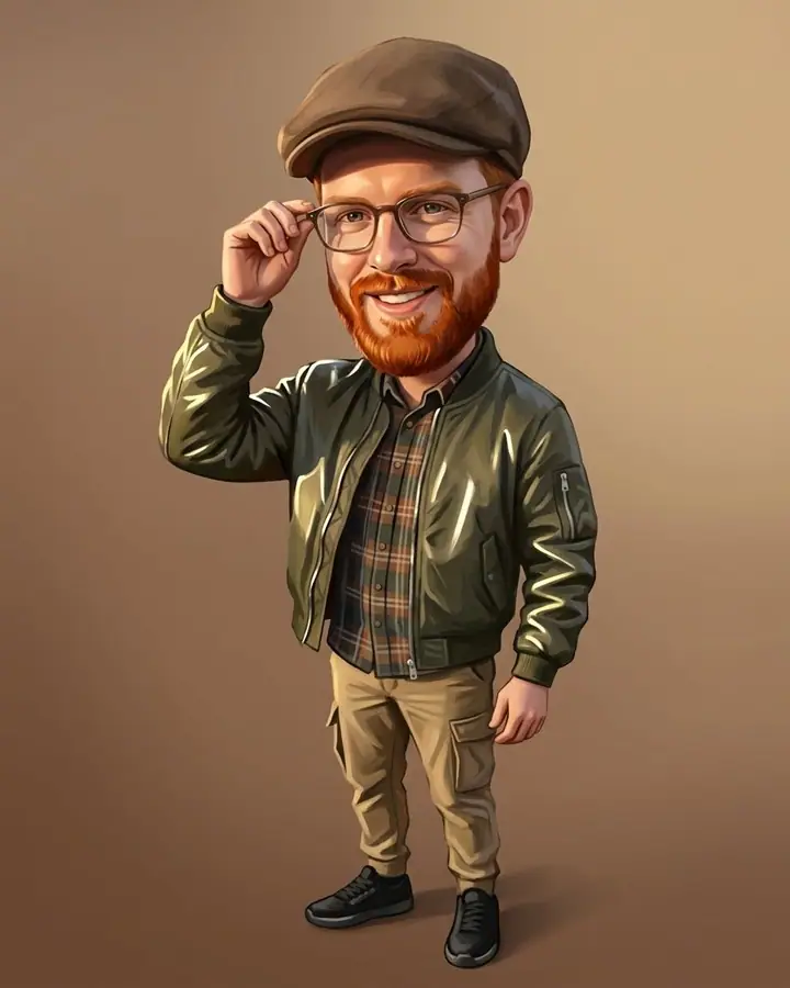 Painted caricature of a man in a bomber jacket and flat cap adjusting his glasses