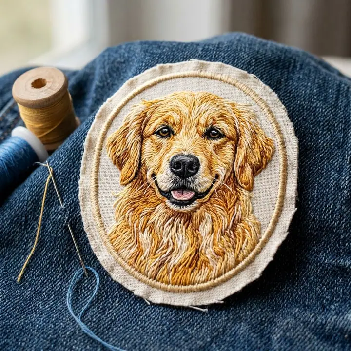 Embroidered portrait patch on denim surrounded by thread spools