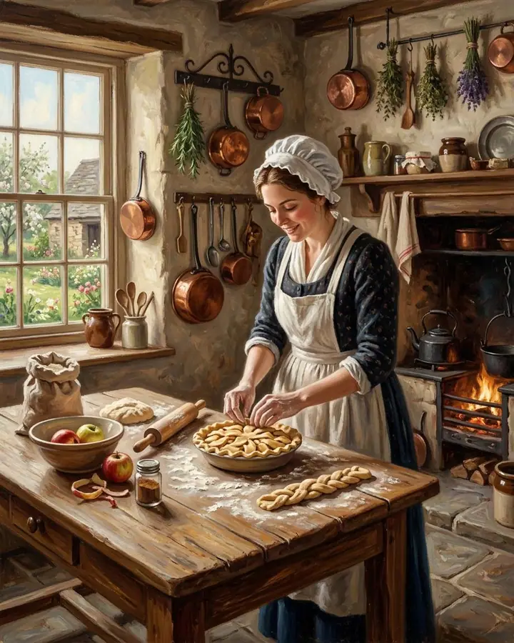 Painterly scene of a woman in period dress baking an apple pie in a farmhouse kitchen