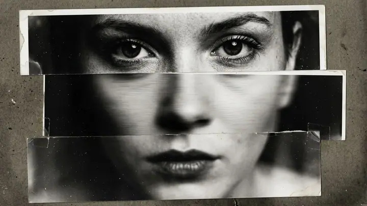 Close portrait split into three misaligned horizontal strips with different focus