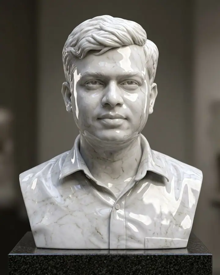 Person transformed into a polished white marble sculpture under soft studio light