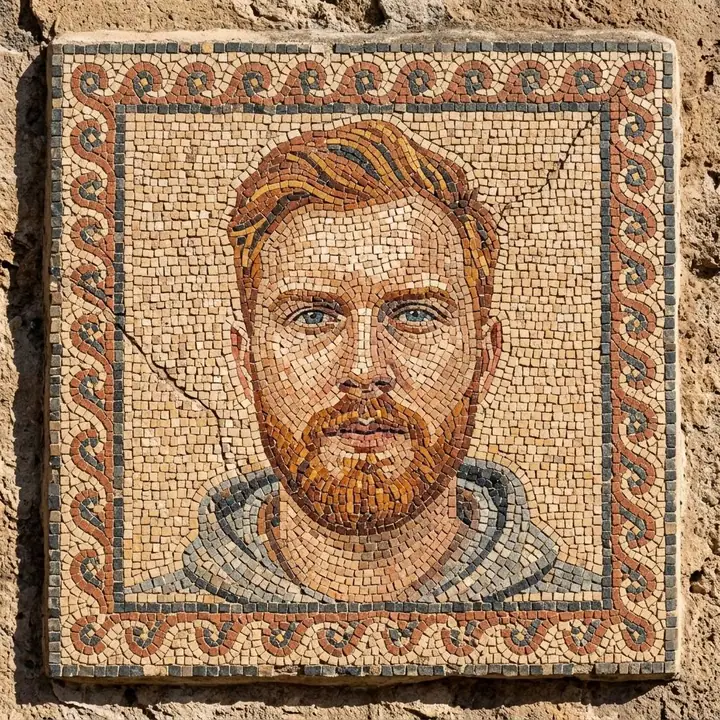 AI example of a Roman-style tile mosaic portrait of a bearded man