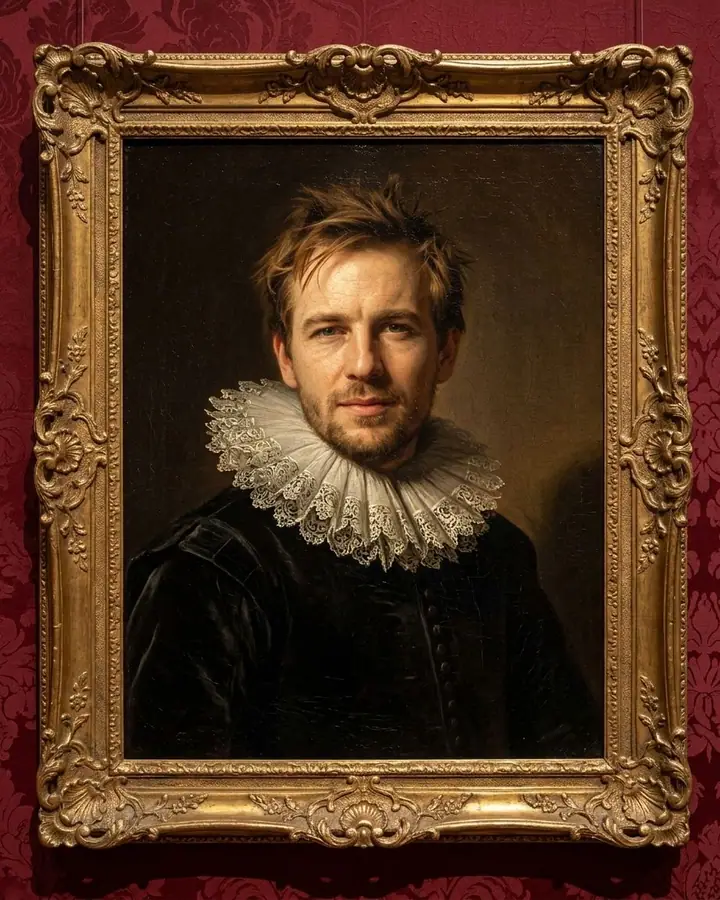 AI example of a classical oil portrait of a man in a gilded frame on a red wall