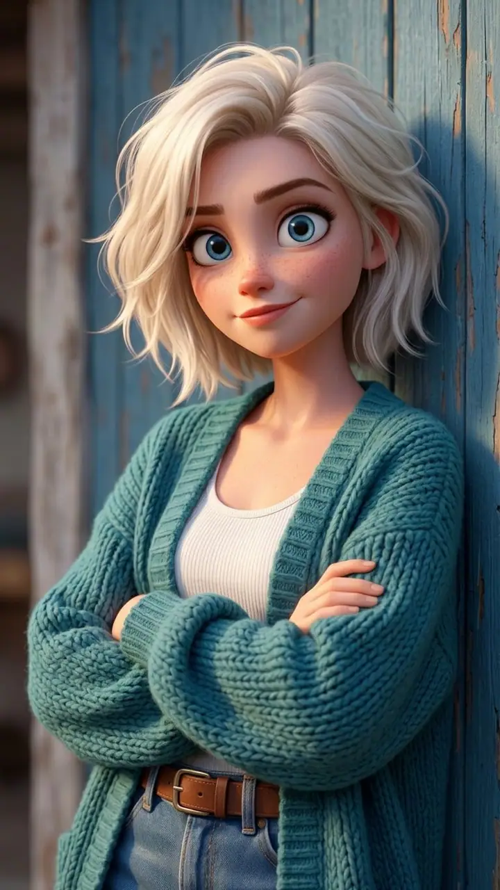 Animated-style girl in a chunky cardigan leaning on a weathered teal door