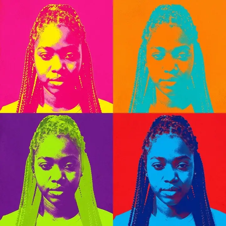 AI example of a 2x2 pop art silkscreen grid of a woman in bold colours