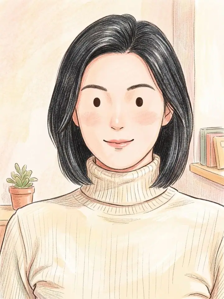 Colored pencil storybook illustration of a smiling woman in a cream turtleneck