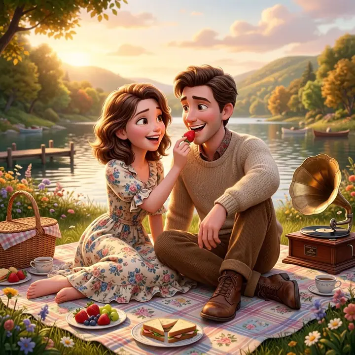 3D animated couple laughing on a picnic blanket by a lake at golden hour