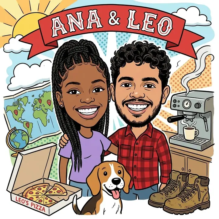 AI example of a cartoon caricature of a couple surrounded by their hobbies