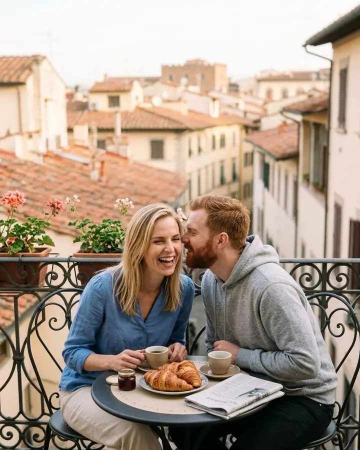 AI example of a couple having breakfast on a wrought-iron balcony above rooftops