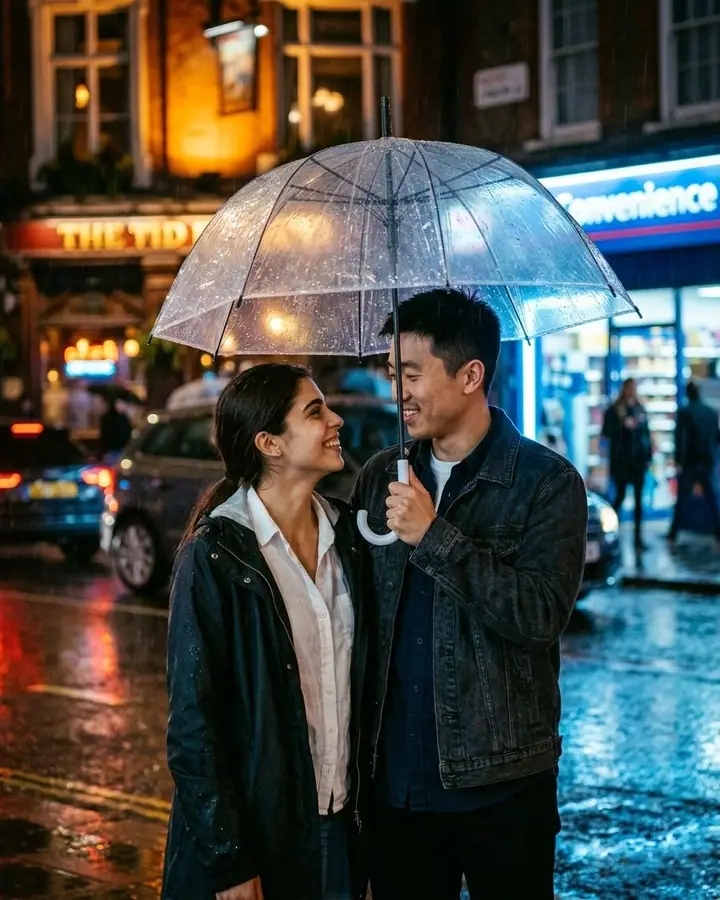 AI example of a couple sharing a clear umbrella on a rainy neon street