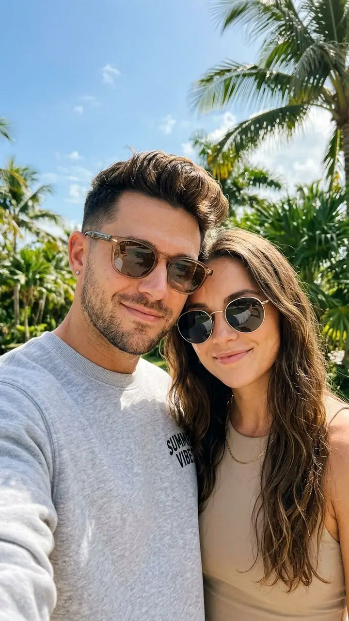 Smiling couple in sunglasses taking a close selfie under palm trees