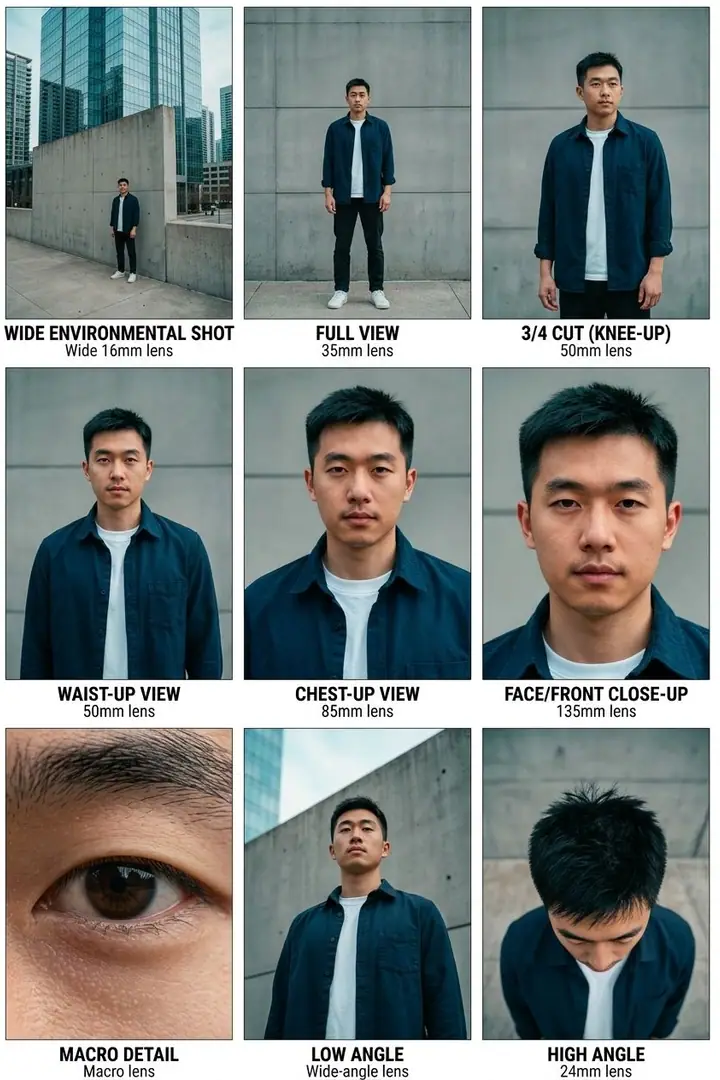 Nine-panel storyboard of a man in a navy jacket in a city at different framings