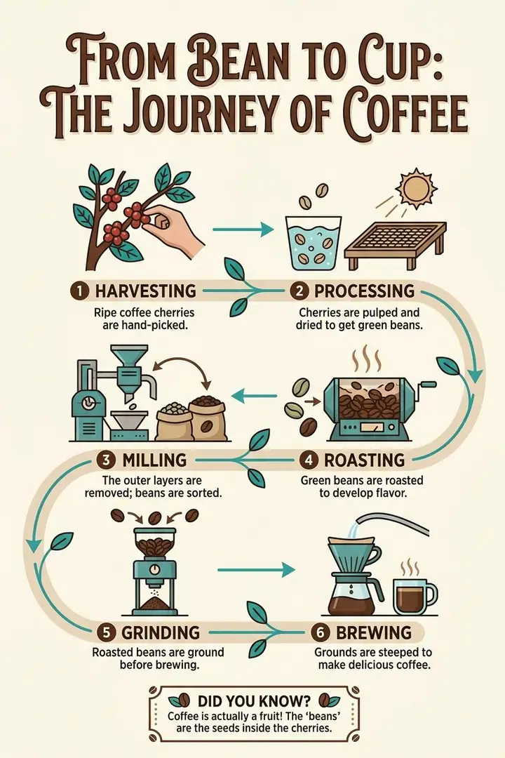 AI example of a flat illustrated infographic showing coffee from bean to cup