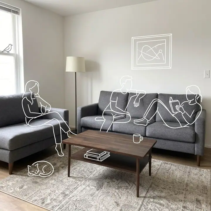 Photo of a room with simple white line-drawn people interacting with the space