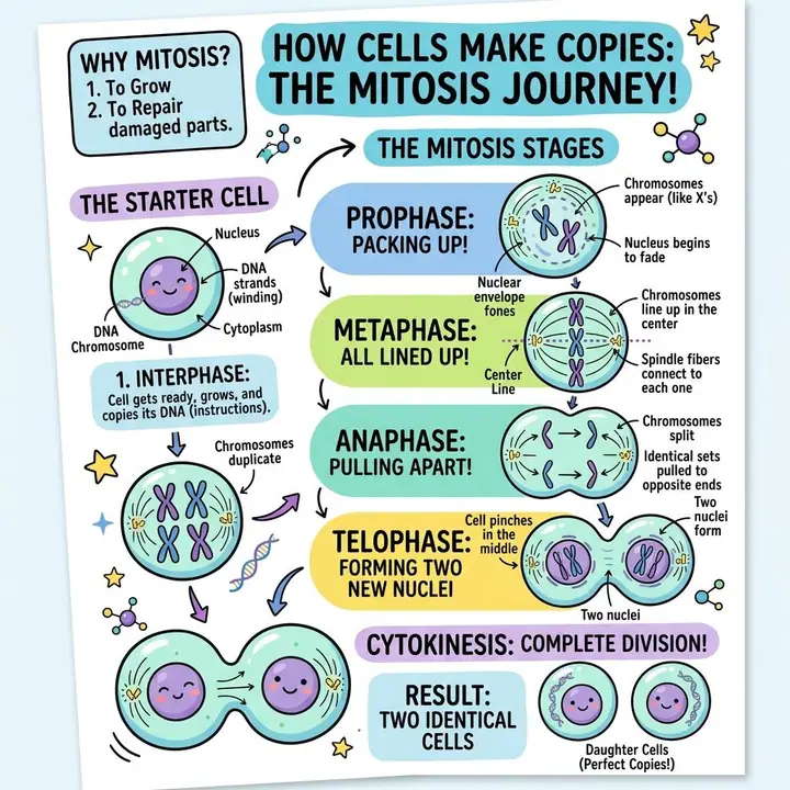 Annotated school diagram showing the stages of mitosis