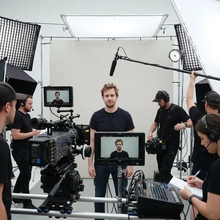 Film still expanded to show crew, lights and camera gear around the actors