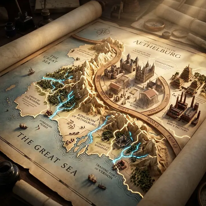 Glowing isometric map of an ancient city rising from a parchment scroll