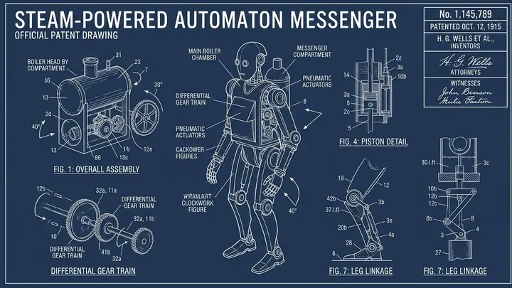 Blueprint patent drawing of a robotic arm with labels