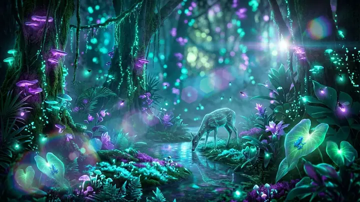 Glowing unicorn in a dark rainforest full of luminous purple plants