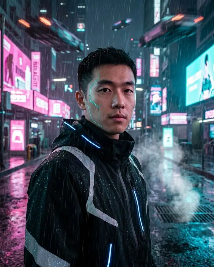AI example of a cyberpunk portrait of a man in a rainy neon future city
