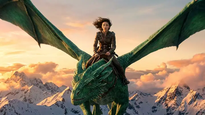 AI example of a woman riding an emerald dragon over snowy mountains at sunset