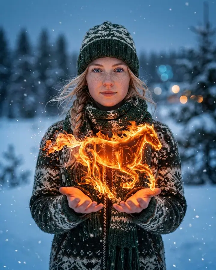 Woman in a knit hat holding a glowing fire horse in a snowy evening scene