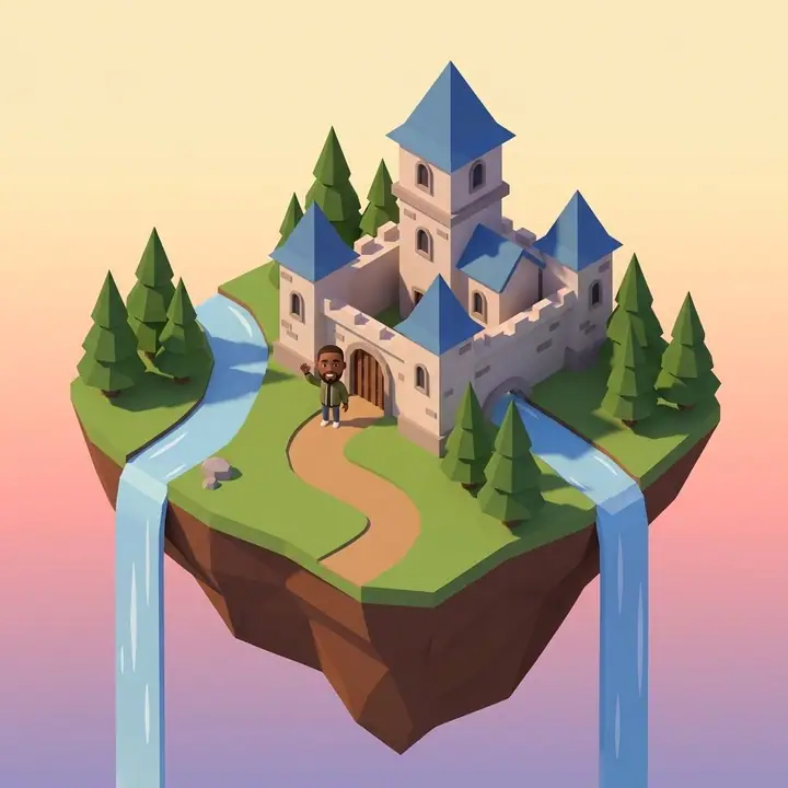 AI example of an isometric floating island with a castle and waterfalls