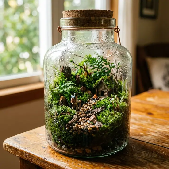Glass jar terrarium with a tiny moss-covered cottage glowing inside