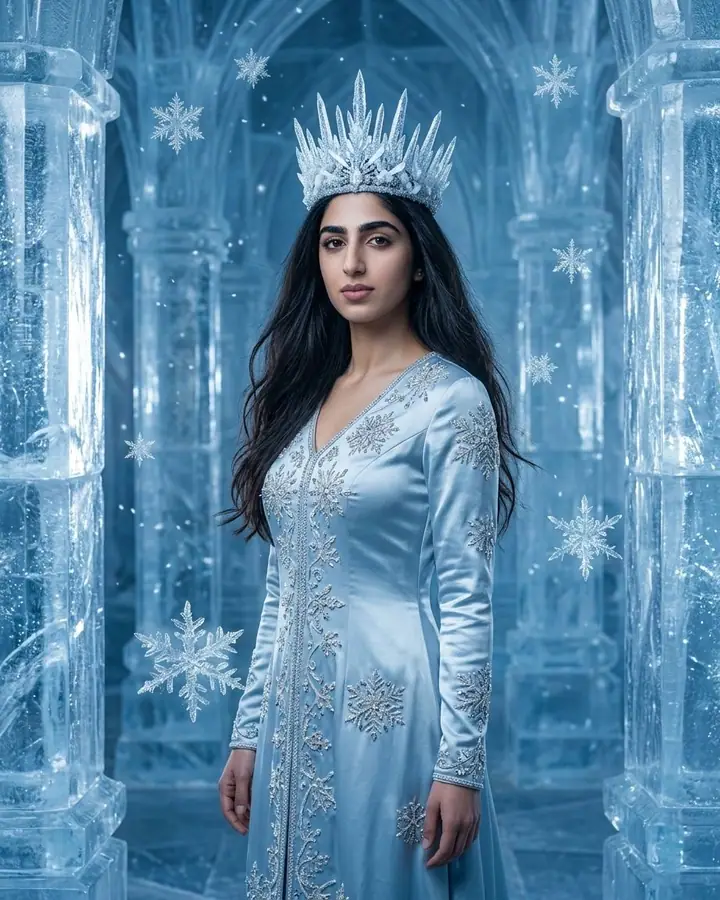 AI example of a woman as winter royalty with an ice crown in an ice palace